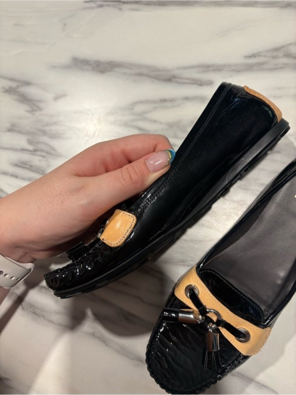 Stuart Weitzman Black Patent Loafers with Tan Trim and Tassels - Picture 3 of 11